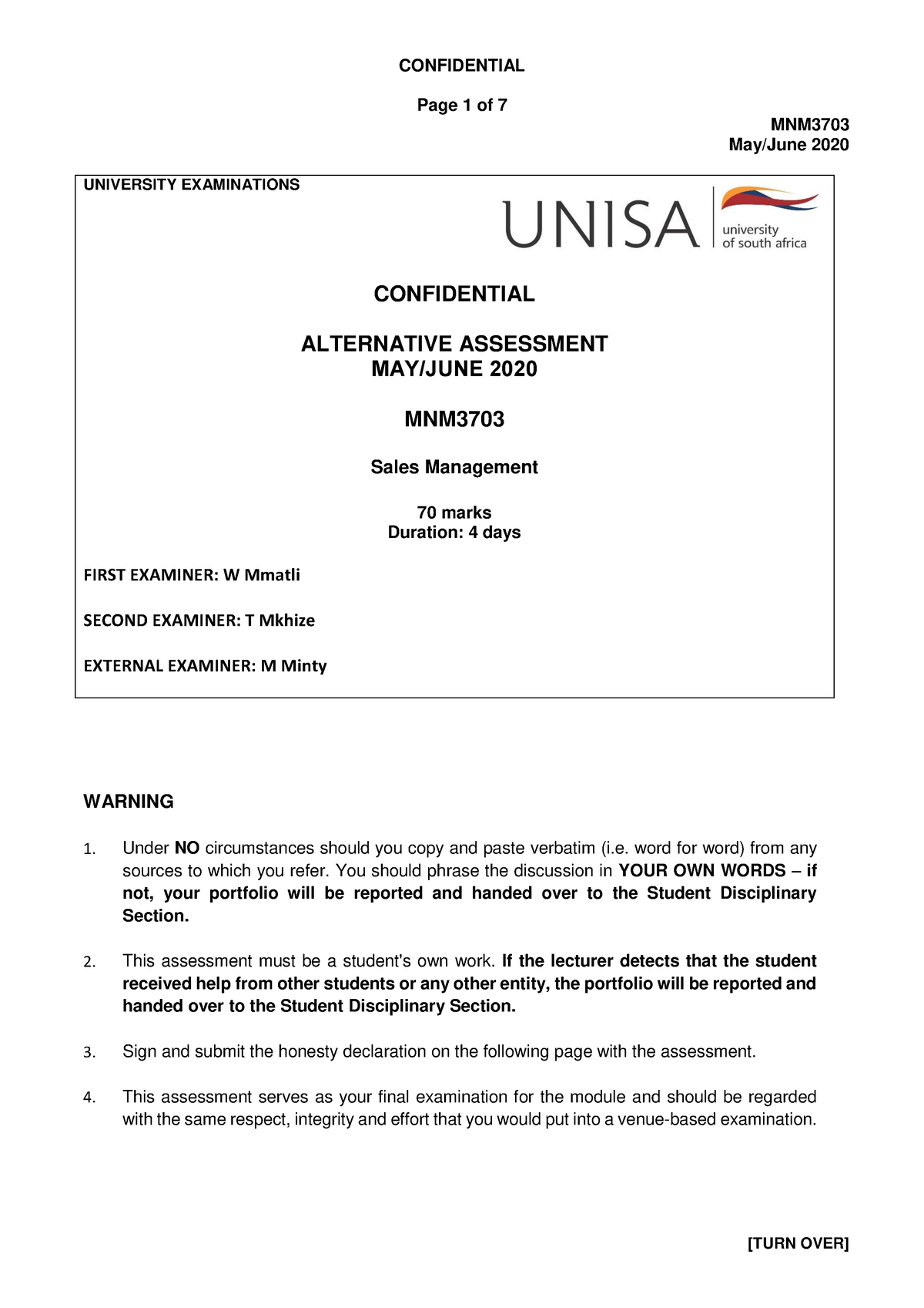 MNM3703 Sales - Page 1 of 7 MNM May/June 2020 UNIVERSITY EXAMINATIONS ...