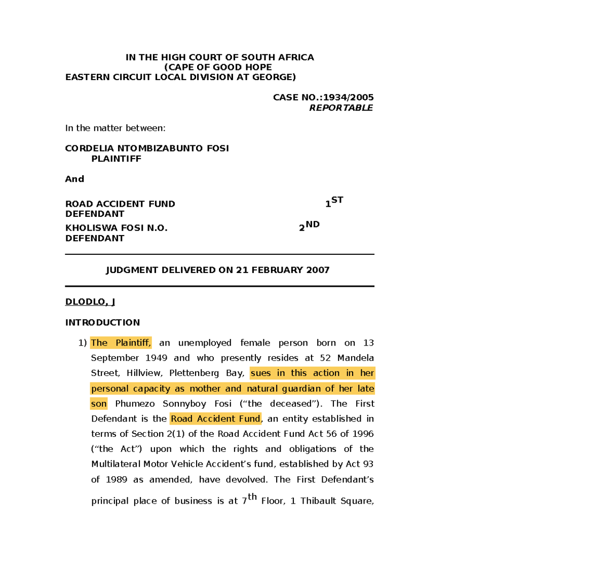 Case summary 16 April notes with regards to studying law at UCT IN THE HIGH COURT OF SOUTH