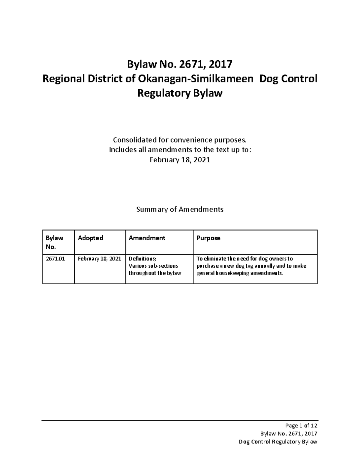 Bylaw 2671 Dog Control Consolidated Page 1 of 12 Bylaw No. 2671, 2017