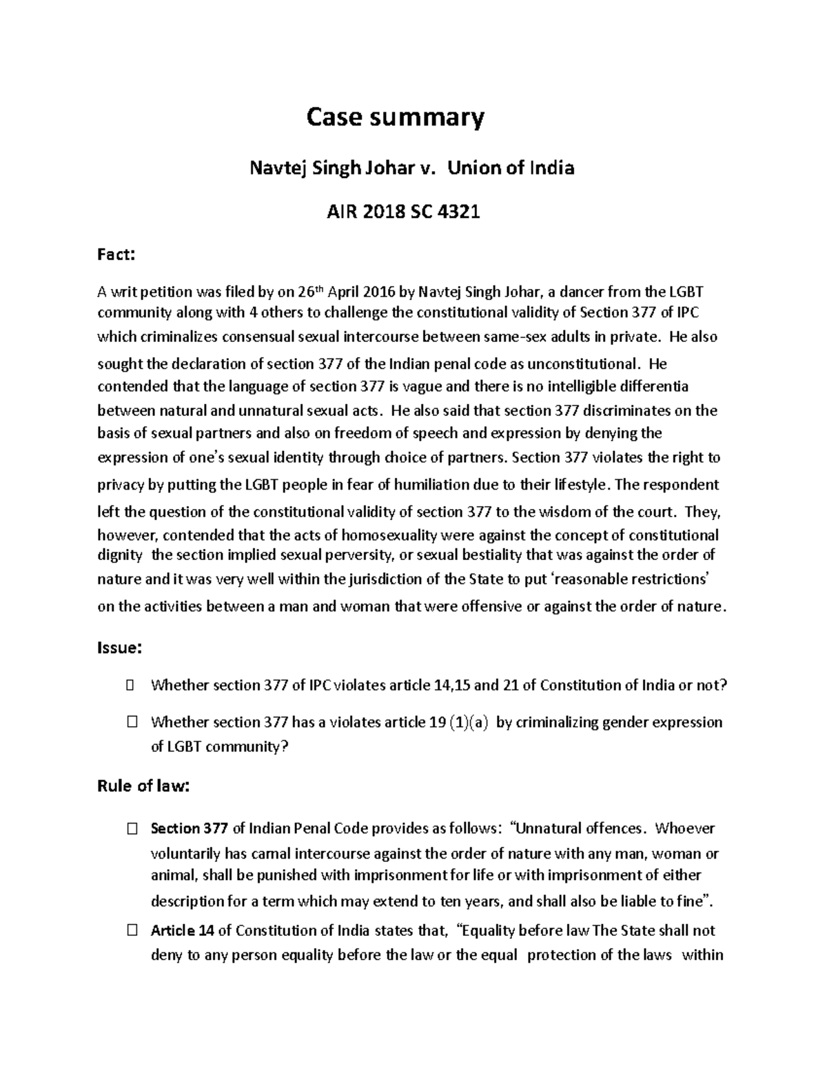 Case summary of Navtej Singh Johar v. union of India case with Filac