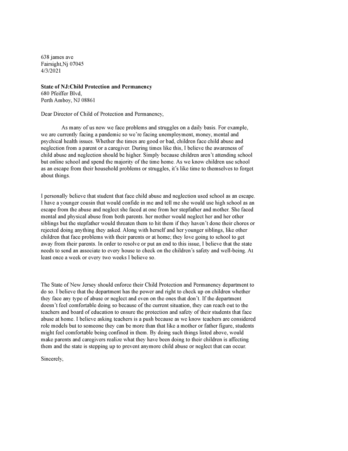 Letter to Child Advocacy office - 638 james ave Fairsight,Nj 07045 4/3 ...