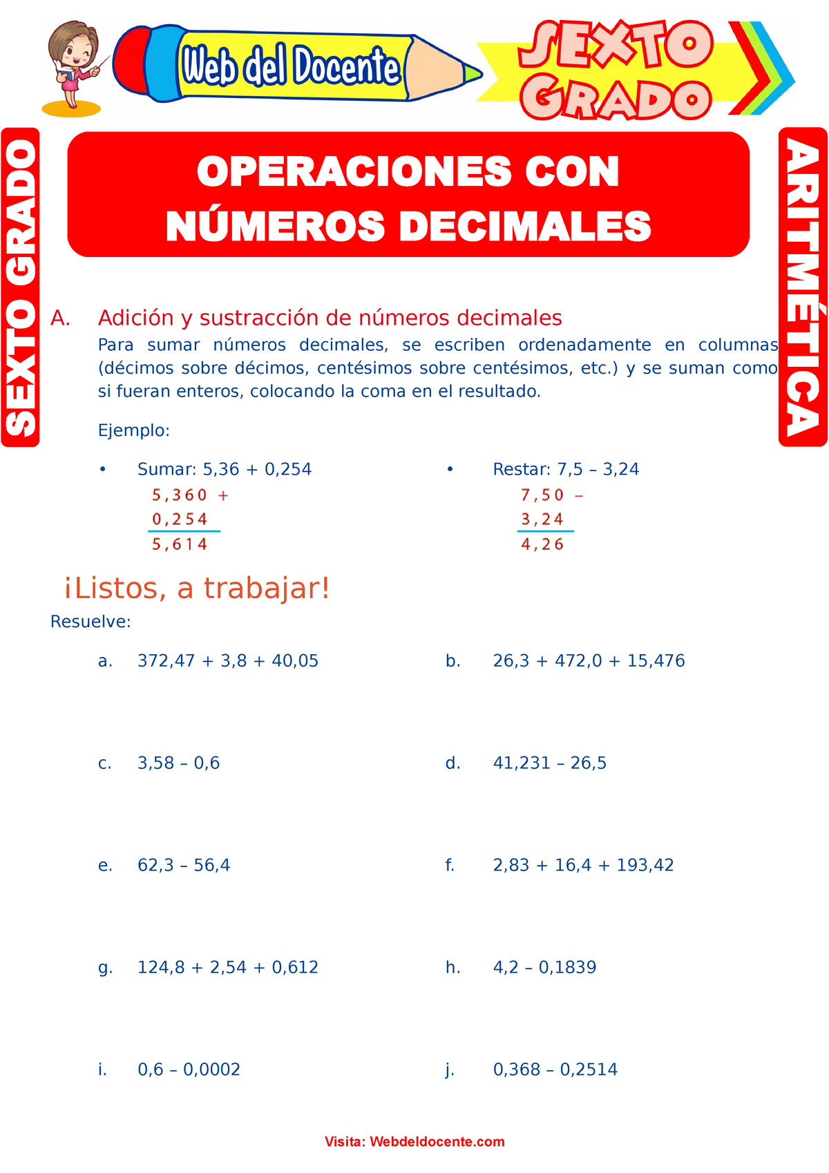 Operaciones Con Números Decimales Para Sexto Grado De Primaria A Adición Y Sustracción De 1124