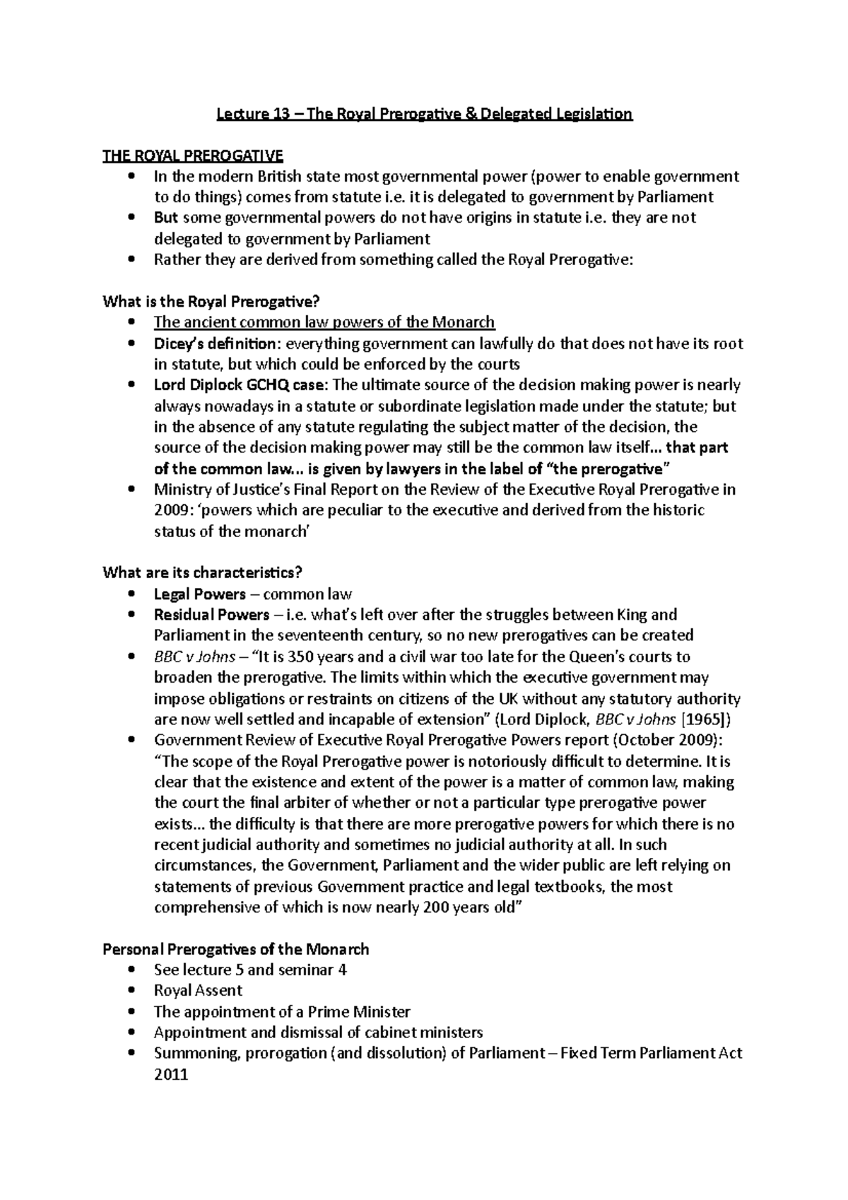 Lecture 13 - Lecture 13 – The Royal Prerogative & Delegated Legislation ...
