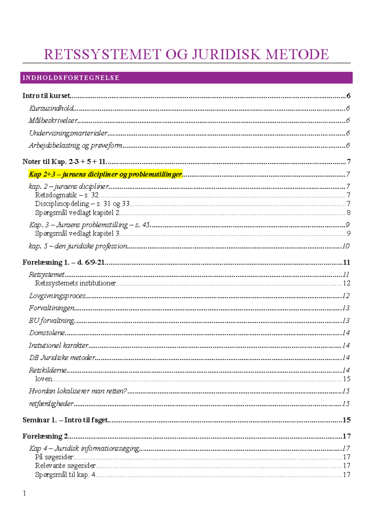 Noter Til Læsning, Undervisning Og Seminarer I Retssystemet Og Juridisk ...