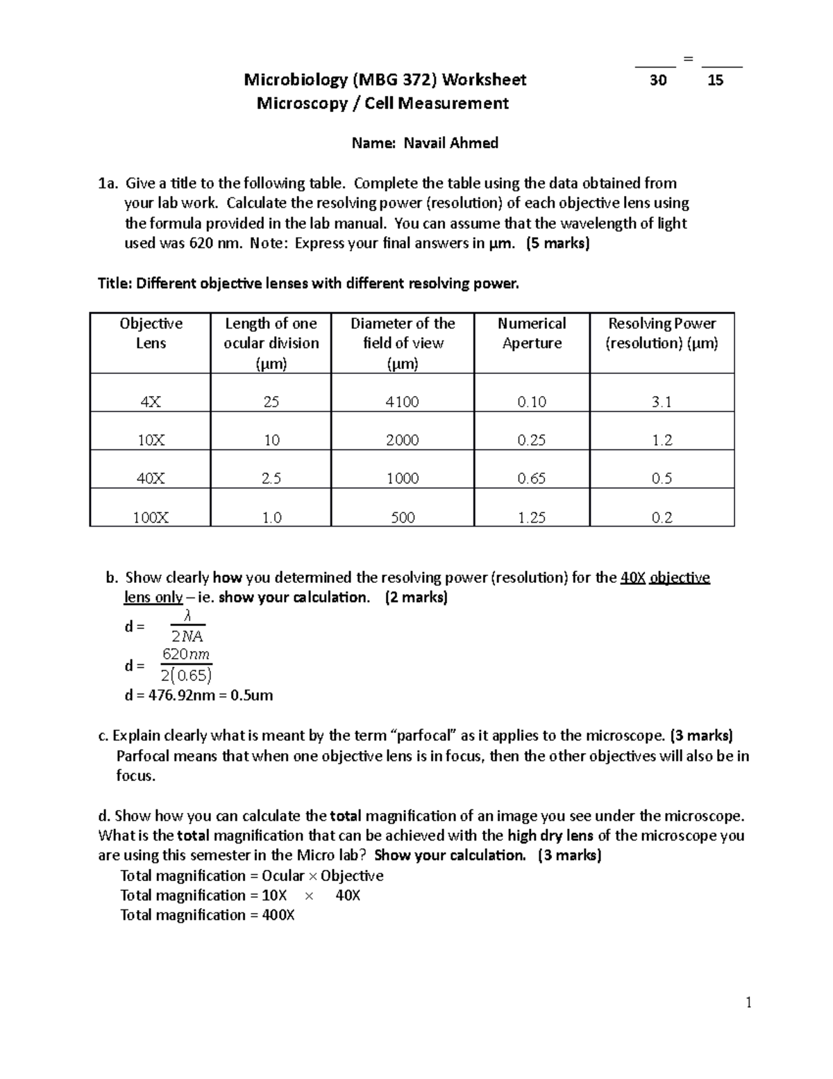 Microscopy worksheet (372) 2019 b - _____ = _____ Microbiology (MBG 372 ...