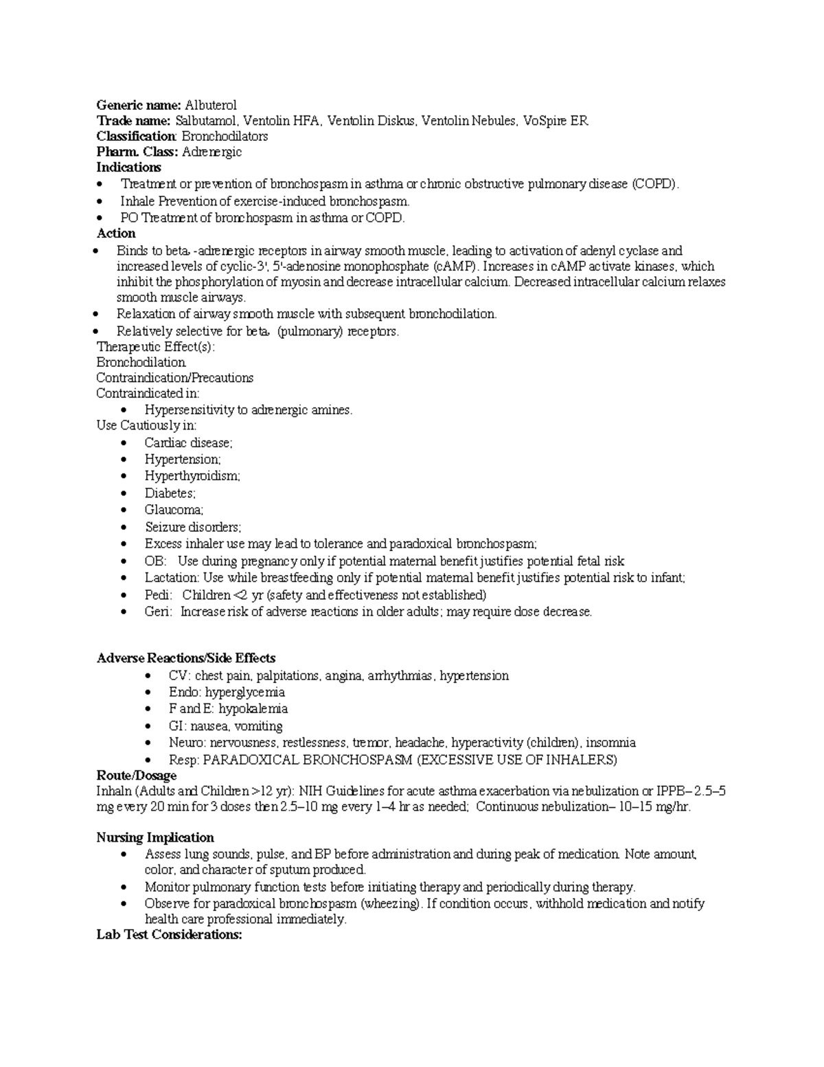 Albuterol - pharmacology - Generic name: Albuterol Trade name ...