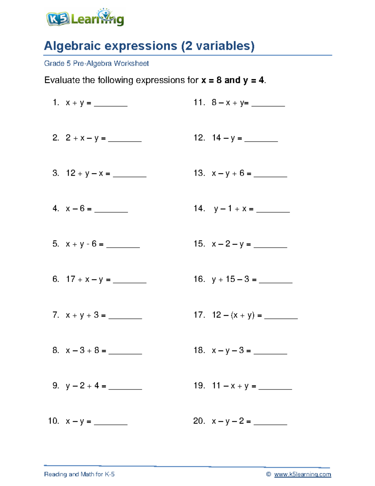 Grade 5 expressions 2 variables a - Reading and Math for K- 5 ...