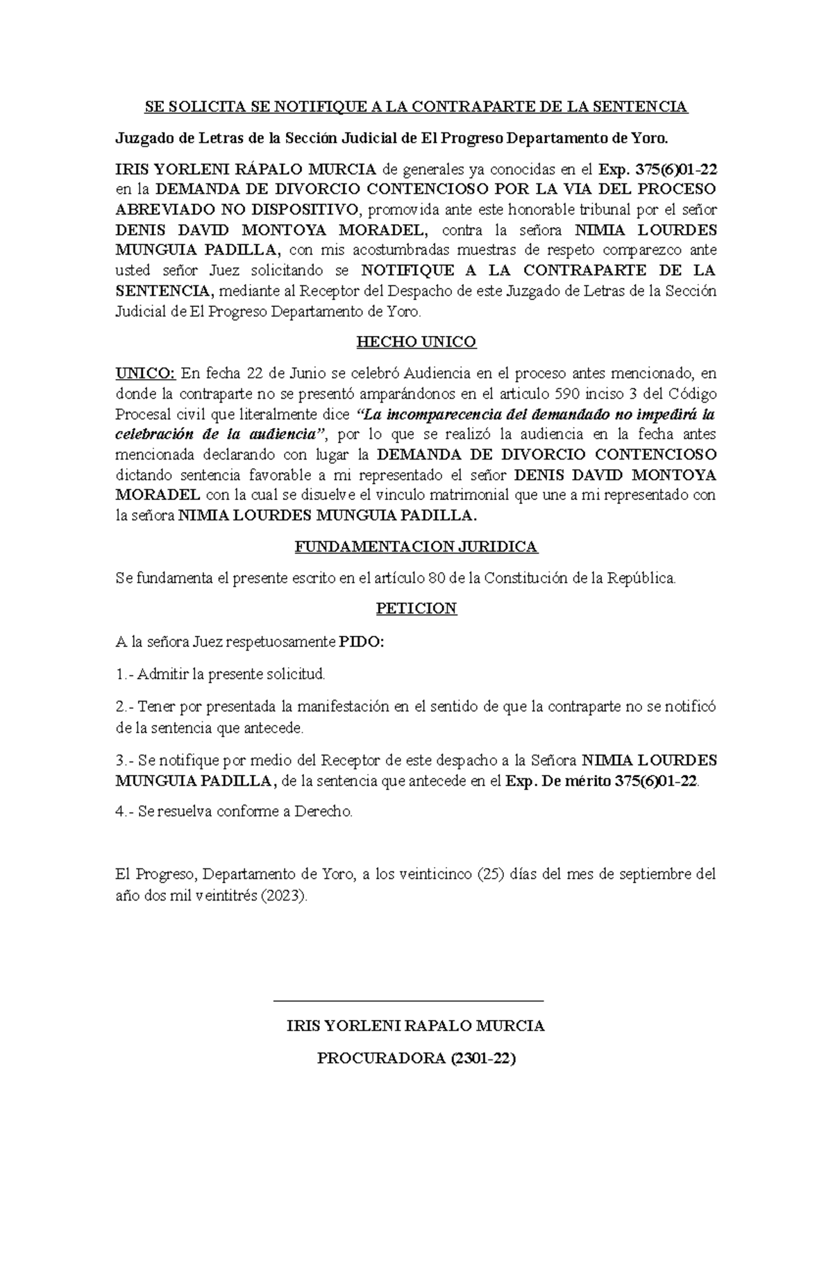 SE Solicita SE Notifique A LA Contraparte DE LA Sentencia - SE SOLICITA ...