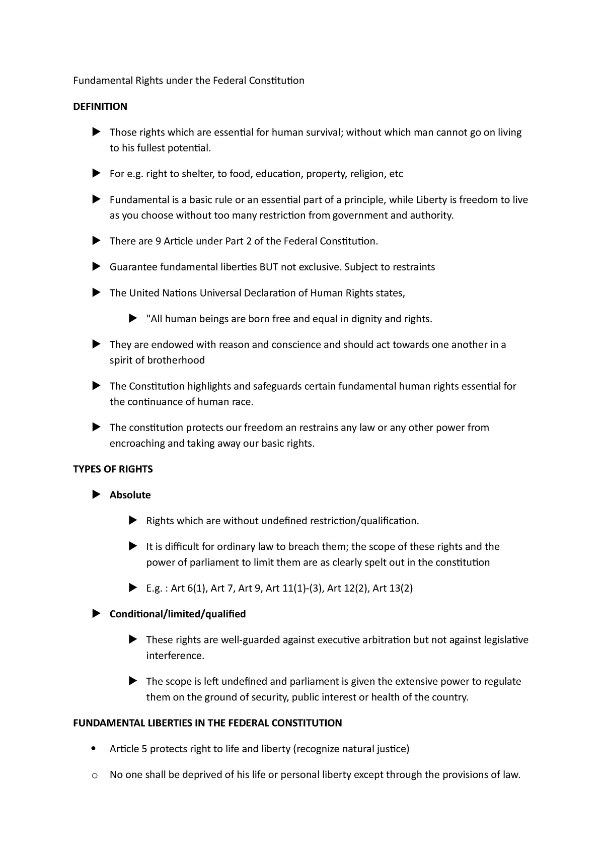 Lecture Notes 7 - 1. Fundamental Rights under the Federal Constitution ...