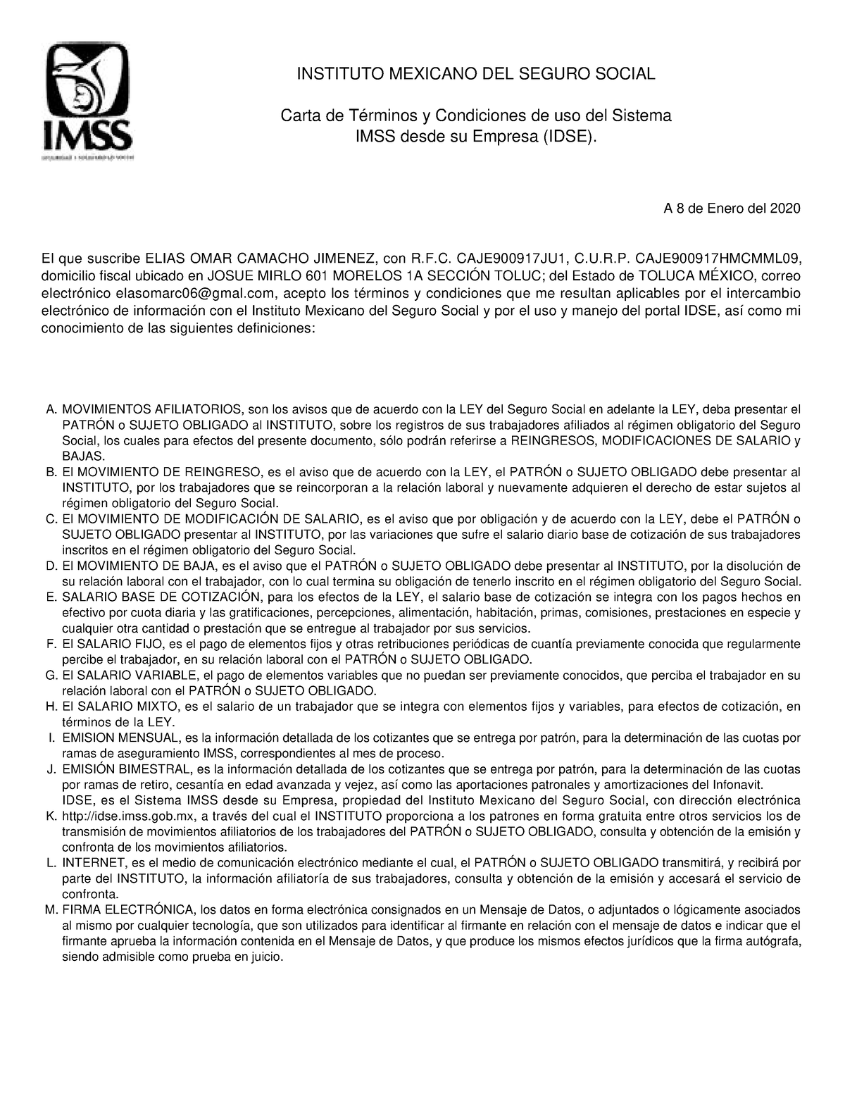 Condiciones Uso Idse Imss Instituto Mexicano Del Seguro Social Carta De T Rminos Y