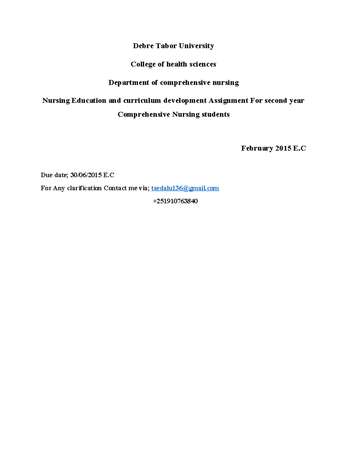 NECD Assignment - Debre Tabor University College of health sciences ...