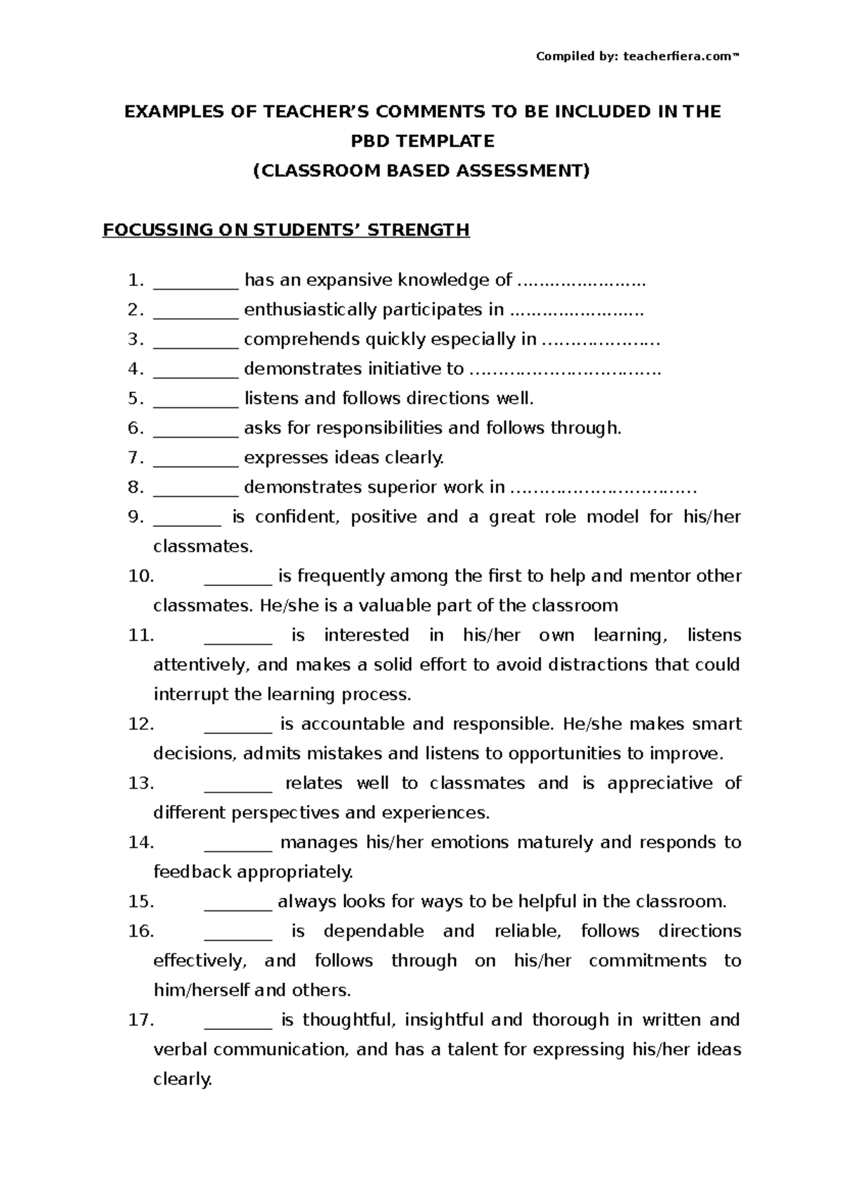 Examples OF Teachers Comments TO BE Included IN THE PBD Template