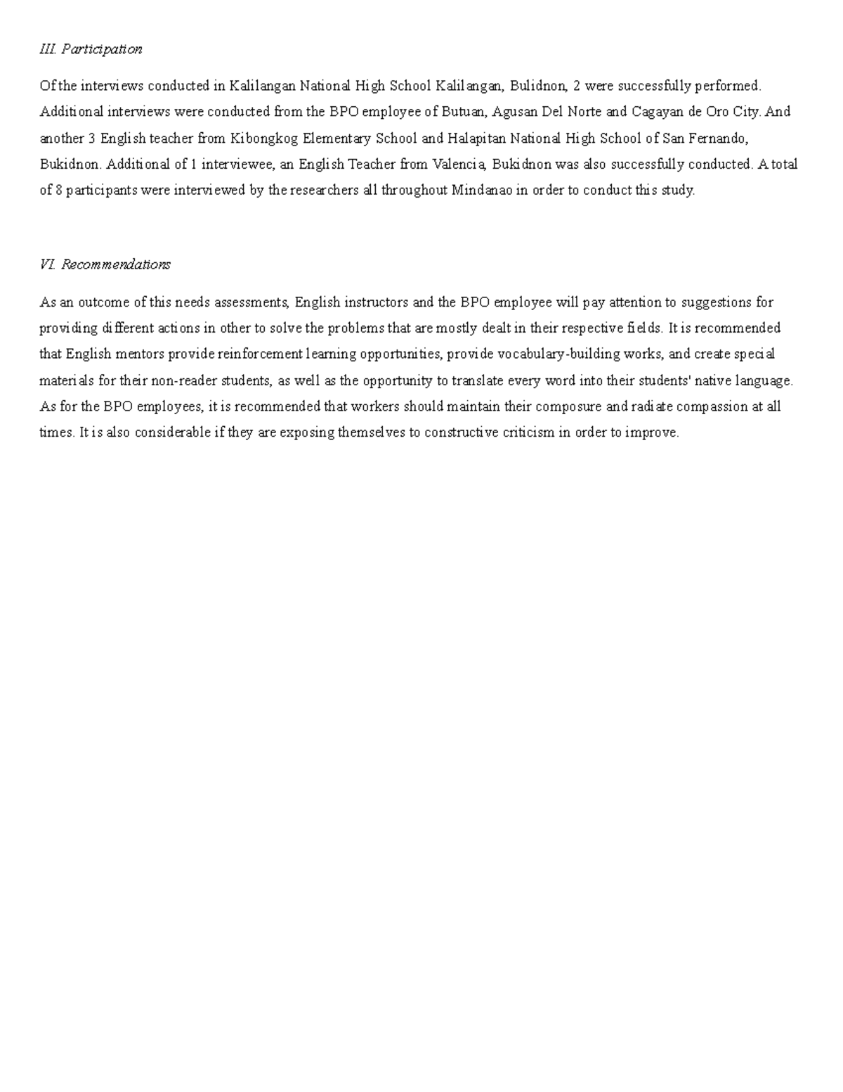 interview major requirement - III. Participation Of the interviews ...