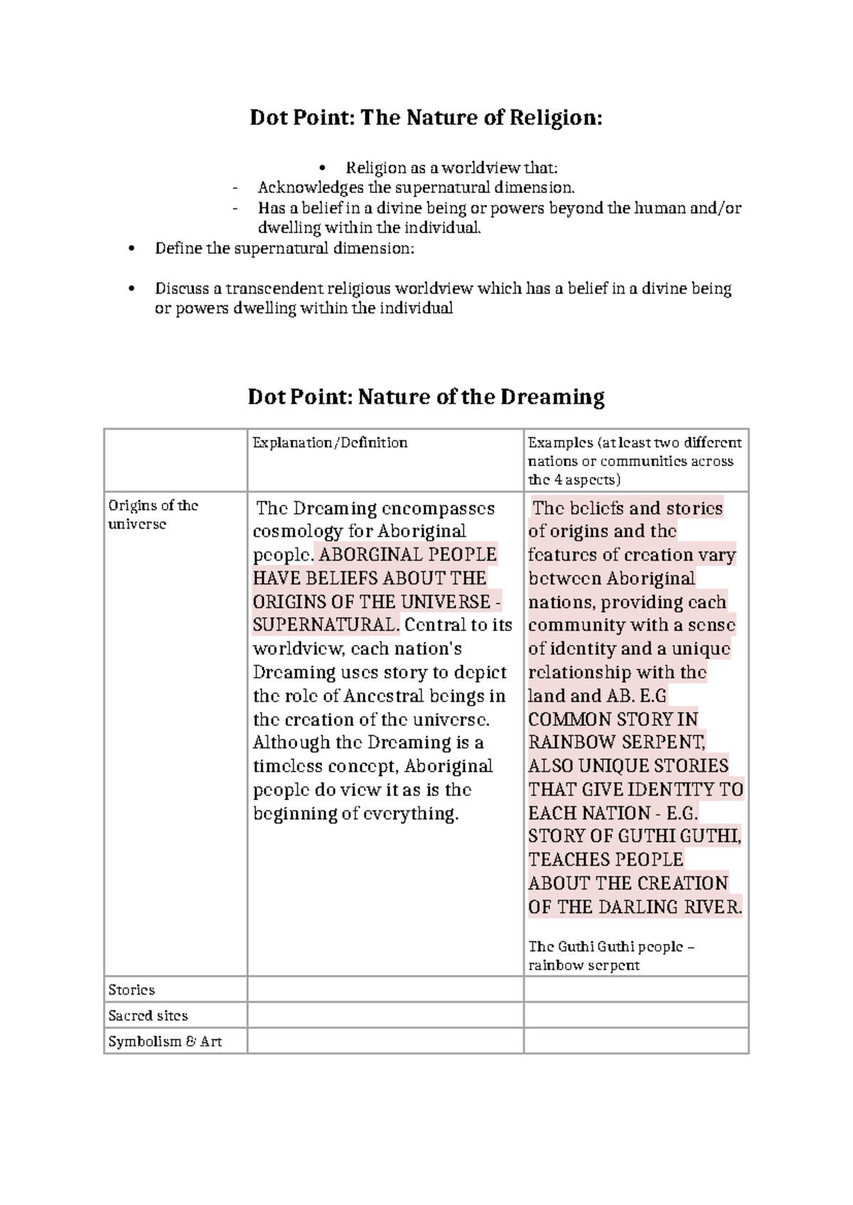SOR unit syllabus prelim notes - Dot Point: The Nature of Religion ...