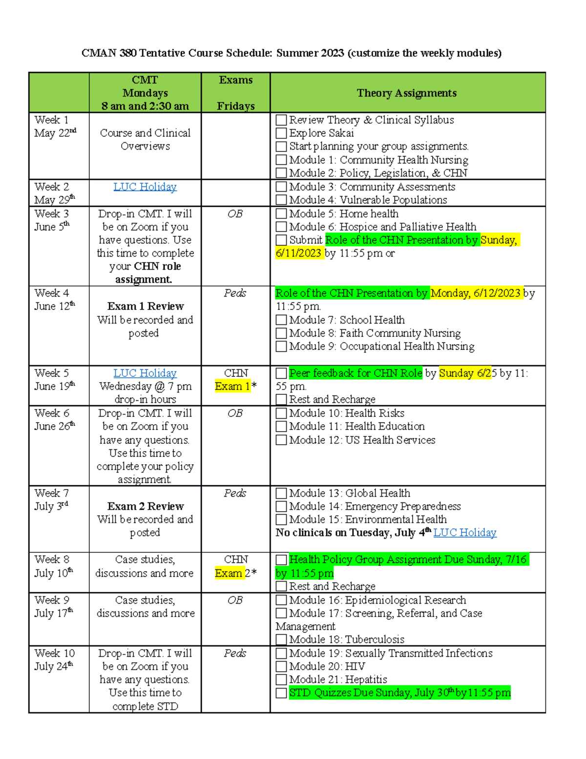 CMAN 380 weekly Schedule SU23 - CMAN 380 Tentative Course Schedule ...