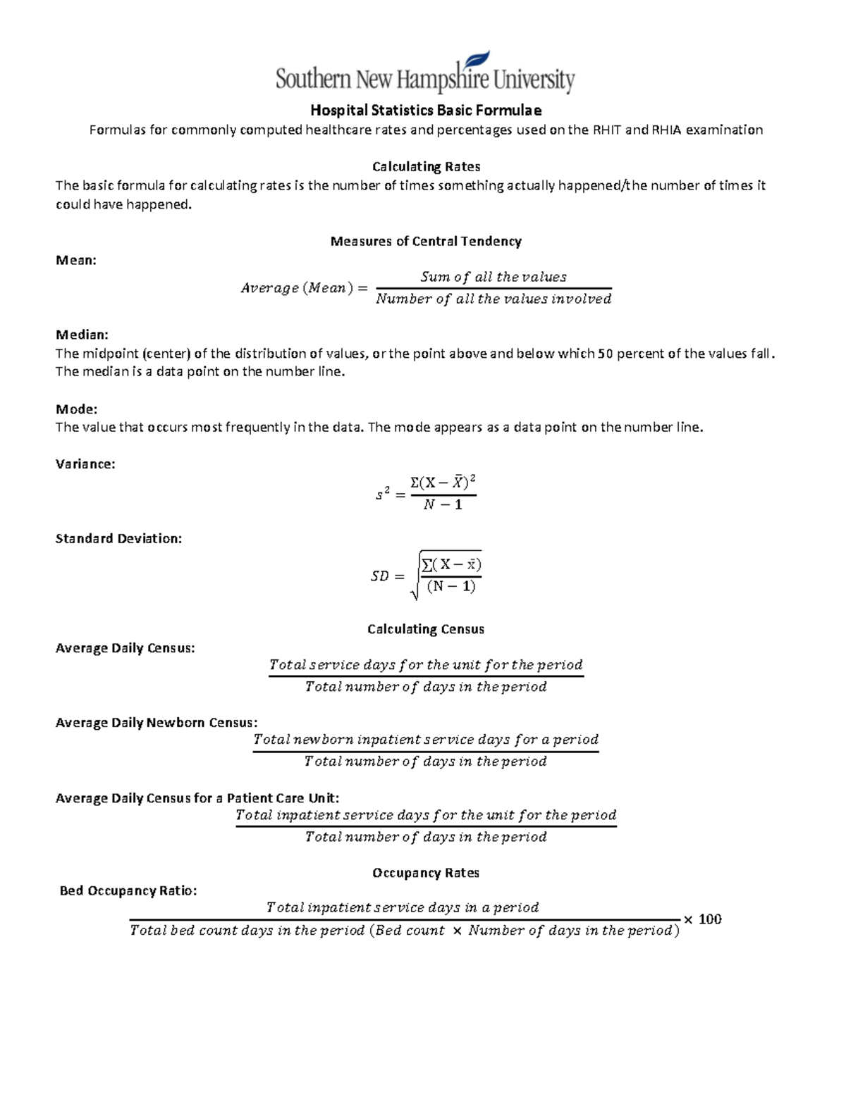 Hospital Statistics Basic Formulae Hospital Statistics Basic Formulae