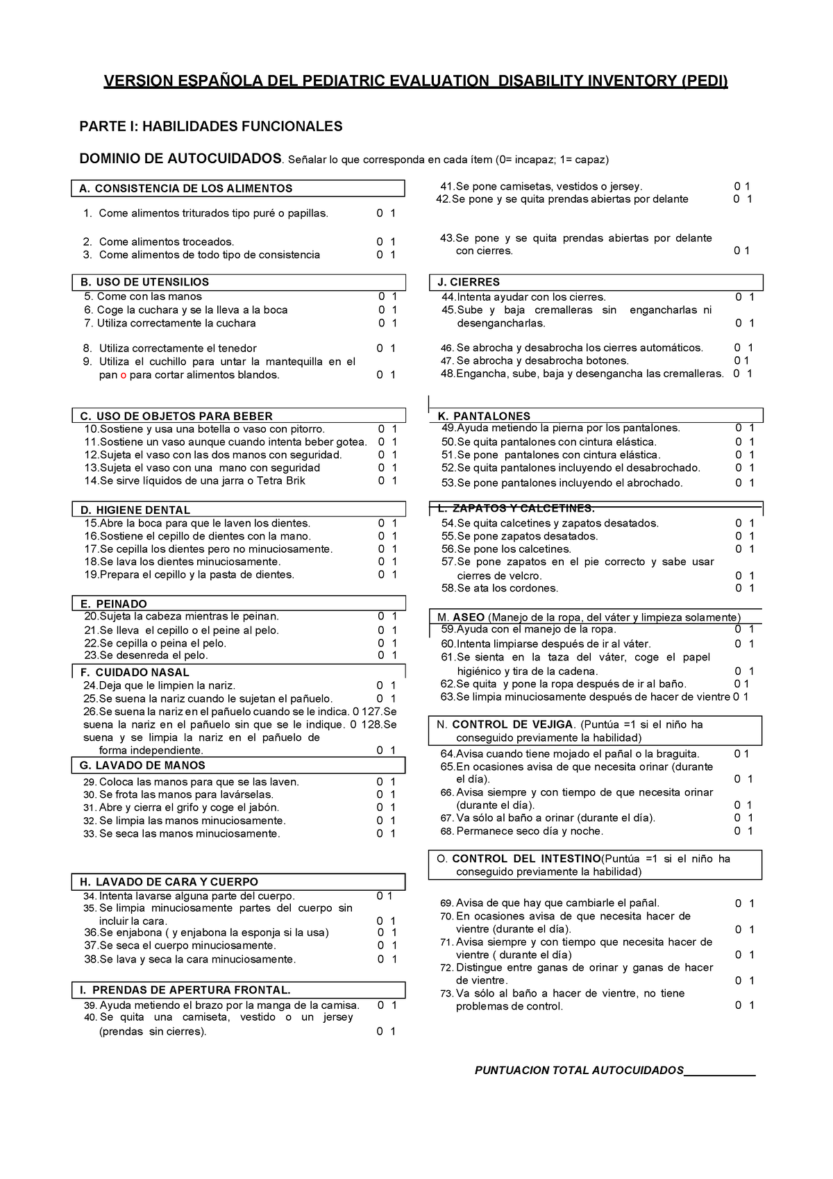 10 PEDI Versi n Espa ola VERSION ESPA OLA DEL PEDIATRIC EVALUATION