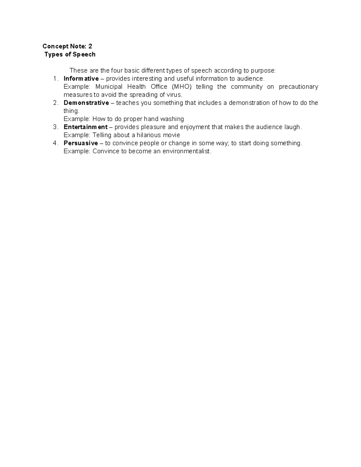 CN #2 - Types of Speech - Concept Note: 2 Types of Speech These are the ...