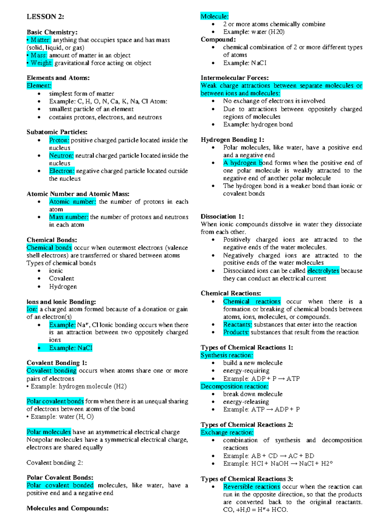 Reviewer - OKAY YOU CAN - LESSON 2: Basic Chemistry: • Matter: anything ...