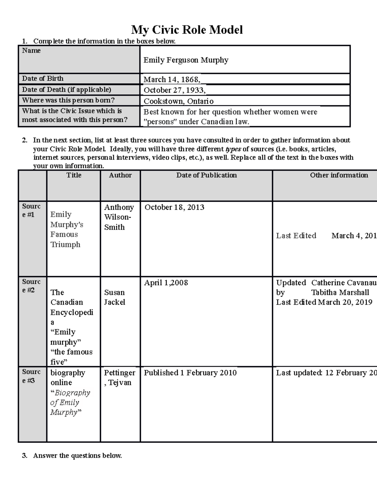 My Civic Role Model - NOTES - My Civic Role Model Complete the ...