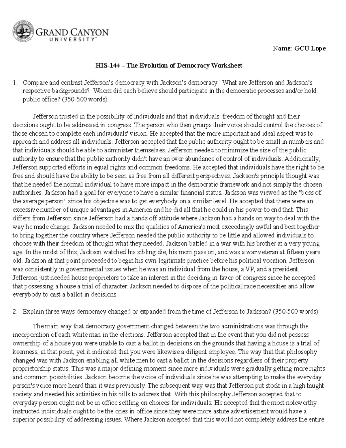 HIS-144 Evolution of Democracy Worksheet - N ame: GCU Lope HIS-144 – The  Evolution of Democracy - Studocu