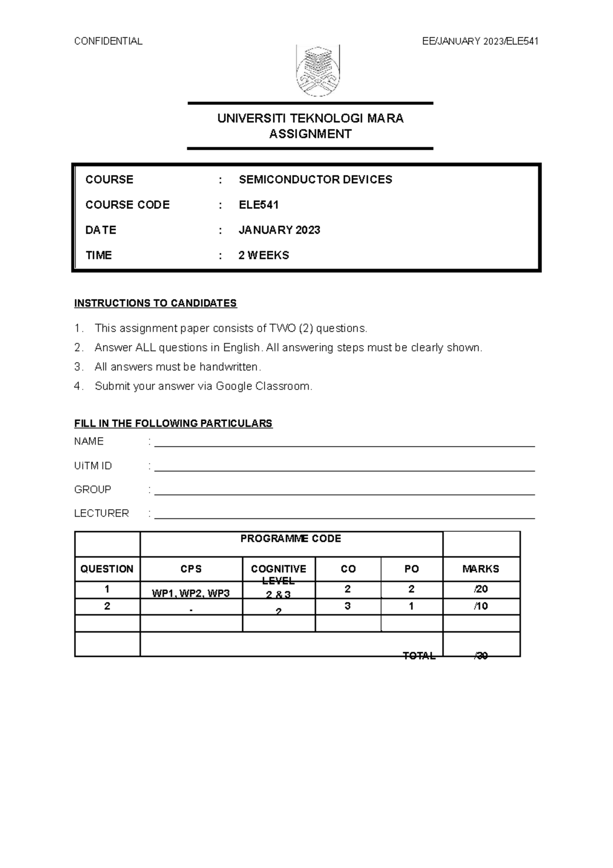 Ele assignment 2 - CONFIDENTIA L EE/JANU ARY 2023 /ELE UNIVERSITI ...