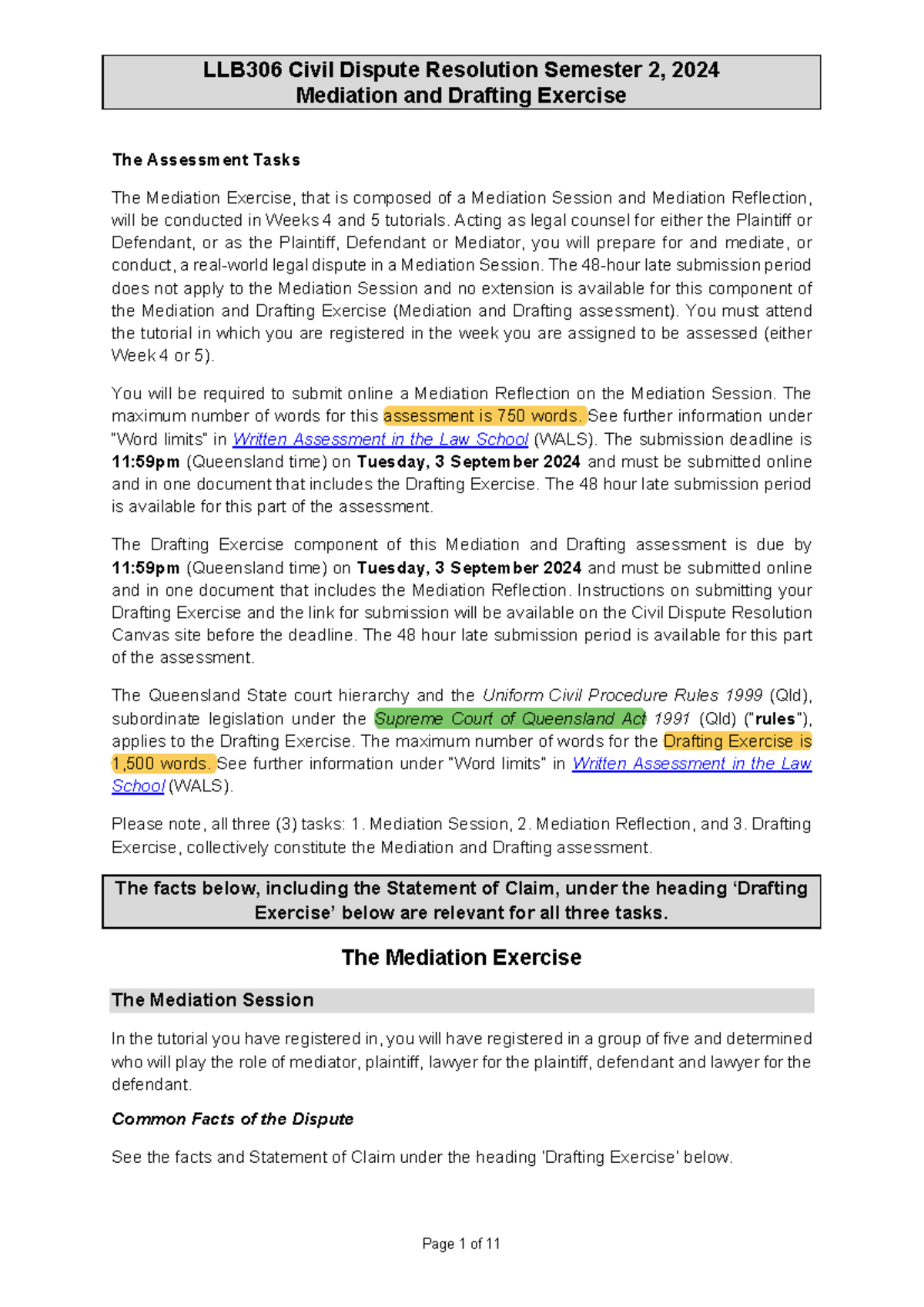 LLB306 2 2024 Mediation and Drafting Exercise - Mediation and Drafting ...