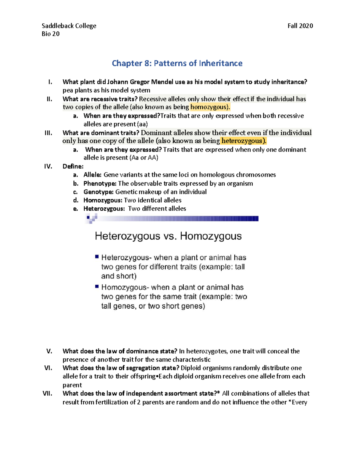 Chapter 8 Study Guide Bio 20 (Fall 2020) Saddleback College Fall 2020