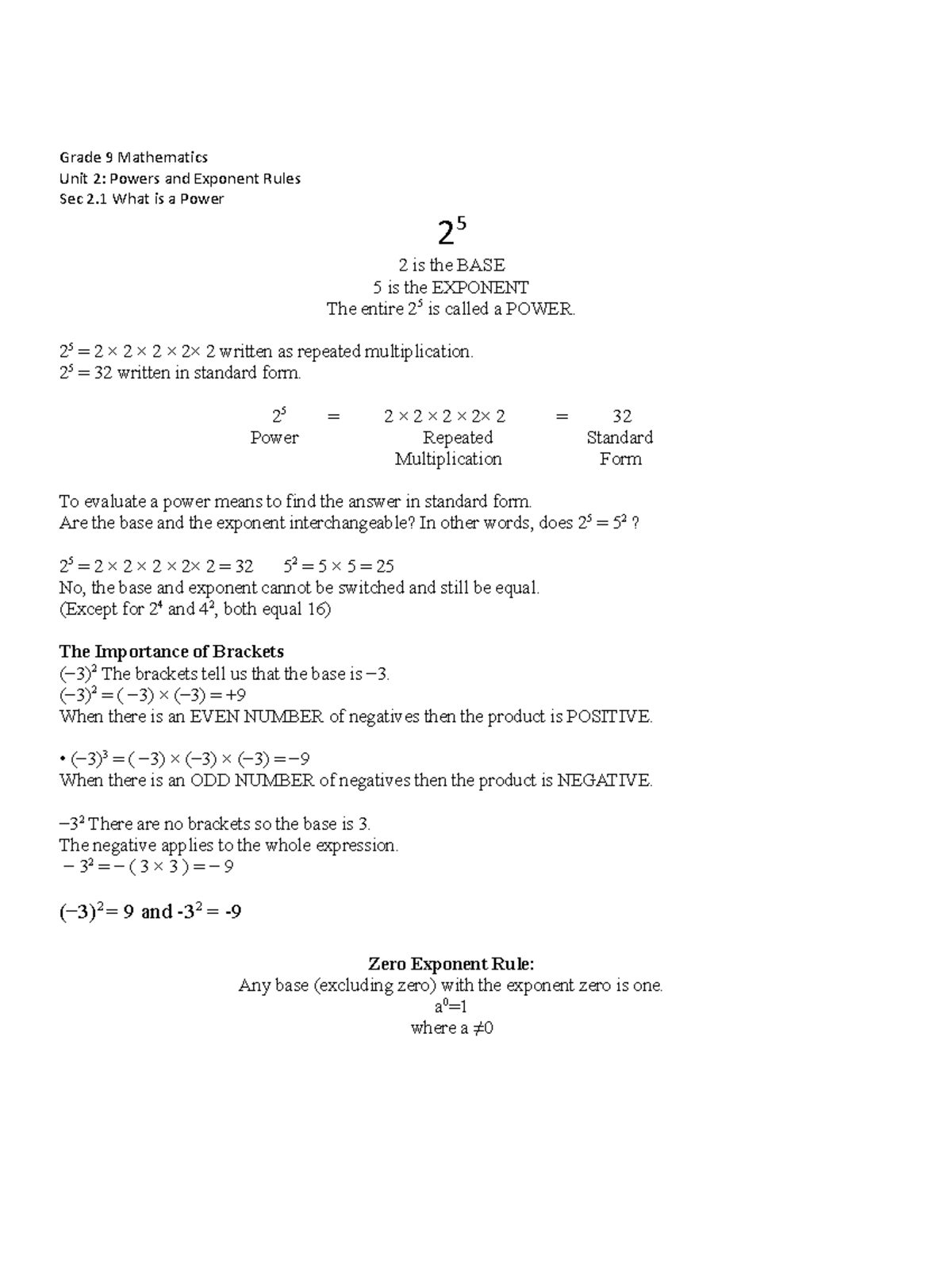 Powers and exponents notes Grade 9 Mathematics Unit 2 Powers and