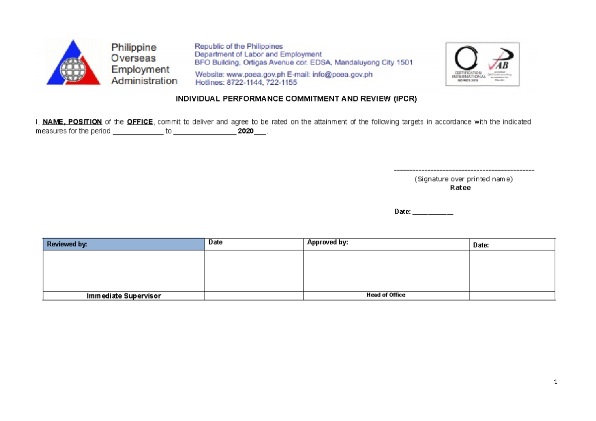 NEW IPCR FORM DOLE 2020 - IPCR Form DOLE - INDIVIDUAL PERFORMANCE ...