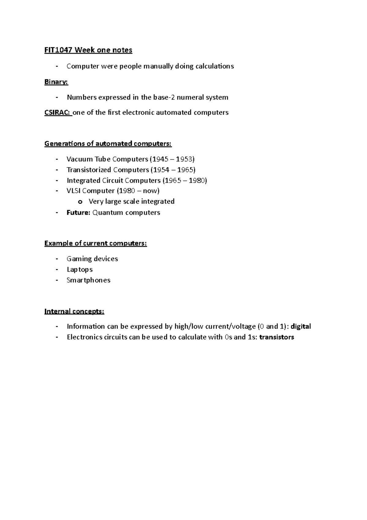 FIT1047 Week 1 notes - FIT1047 - Monash - Studocu