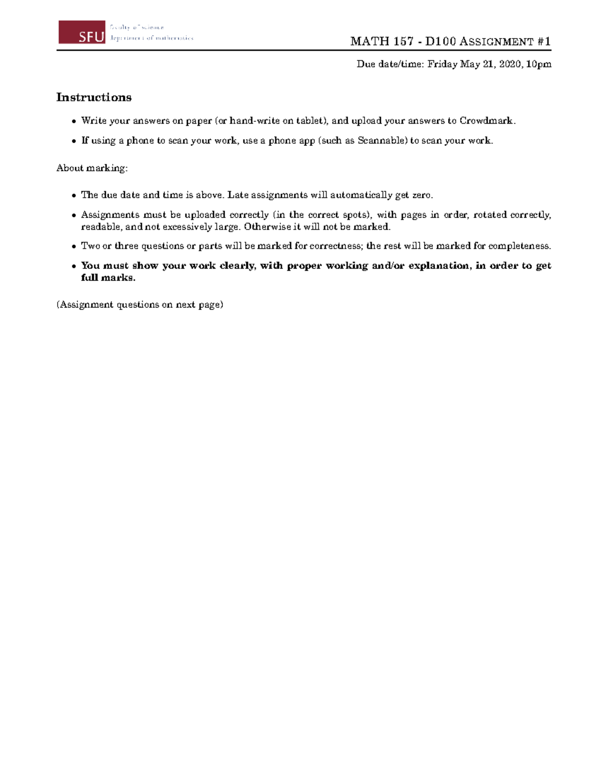 157 Calc Assignment - MATH 157 - D100 ASSIGNMENT# Due date/time: Friday ...