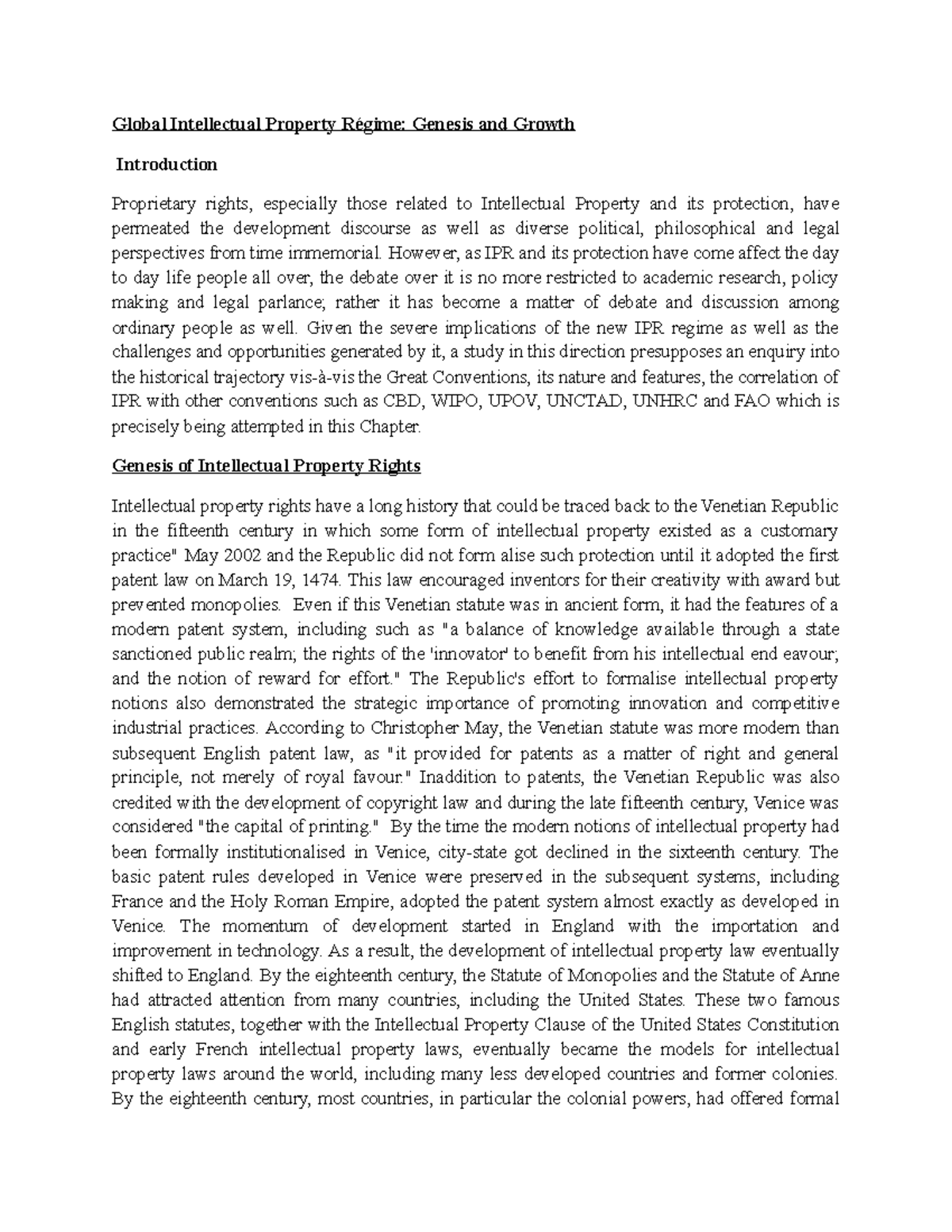 I P R LAW - notes - Global Intellectual Property Régime: Genesis and ...