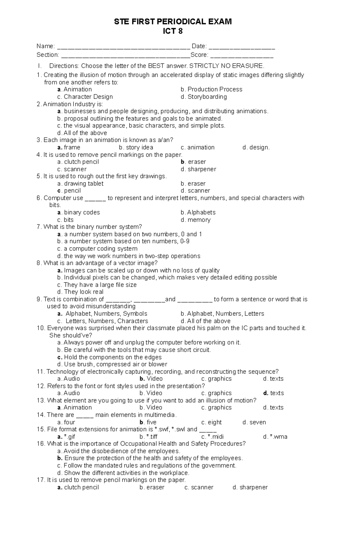 First Quarter EXAM STE8 Answerkey - STE FIRST PERIODICAL EXAM ICT 8 ...