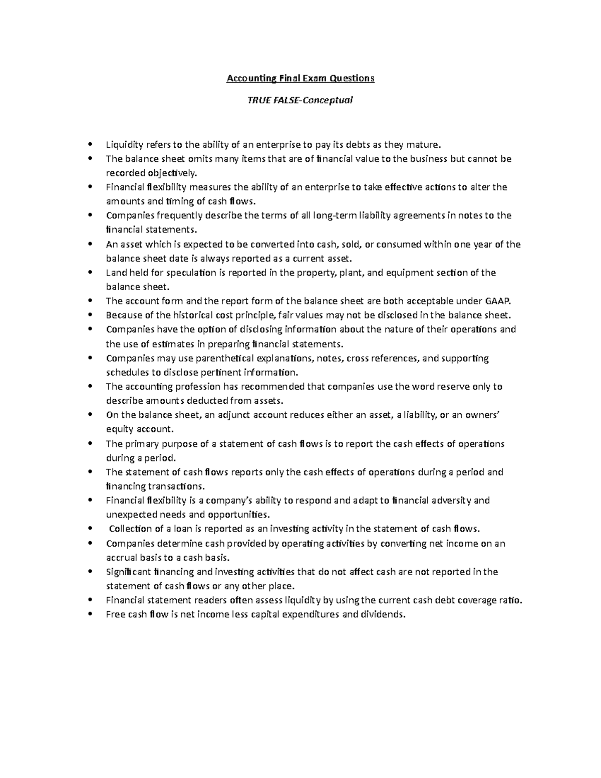 Acct Final Exam - Accounting Final Exam Questions TRUE FALSE-Conceptual ...