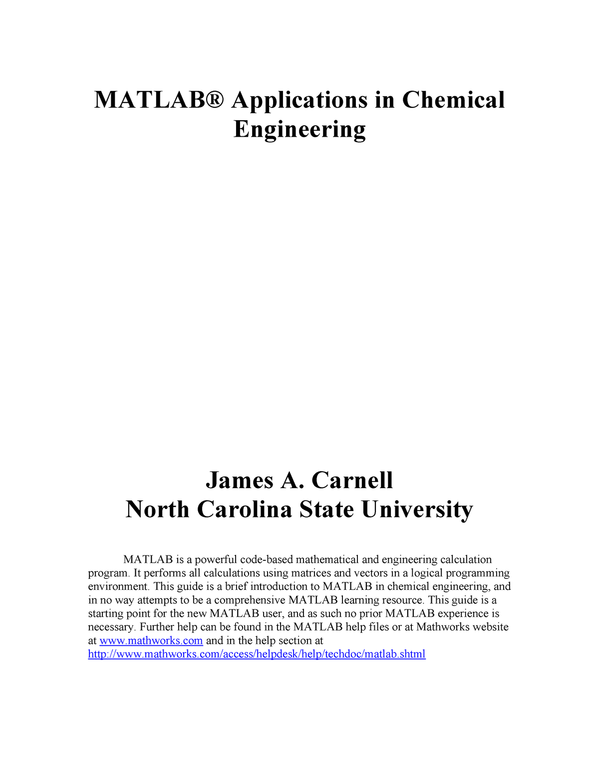 MATLAB chemical Engineering MATLAB® Applications in Chemical