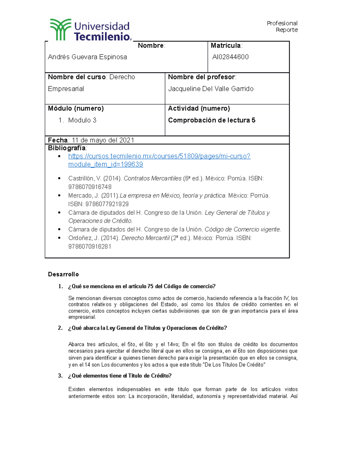 Comprobacion de lectura 5 Derecho Empresarial Tecmilenio - Reporte ...