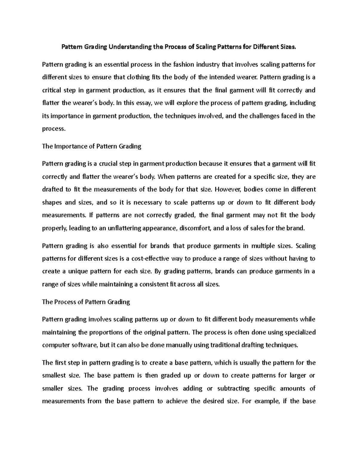 Pattern Grading Understanding the Process of Scaling Patterns for