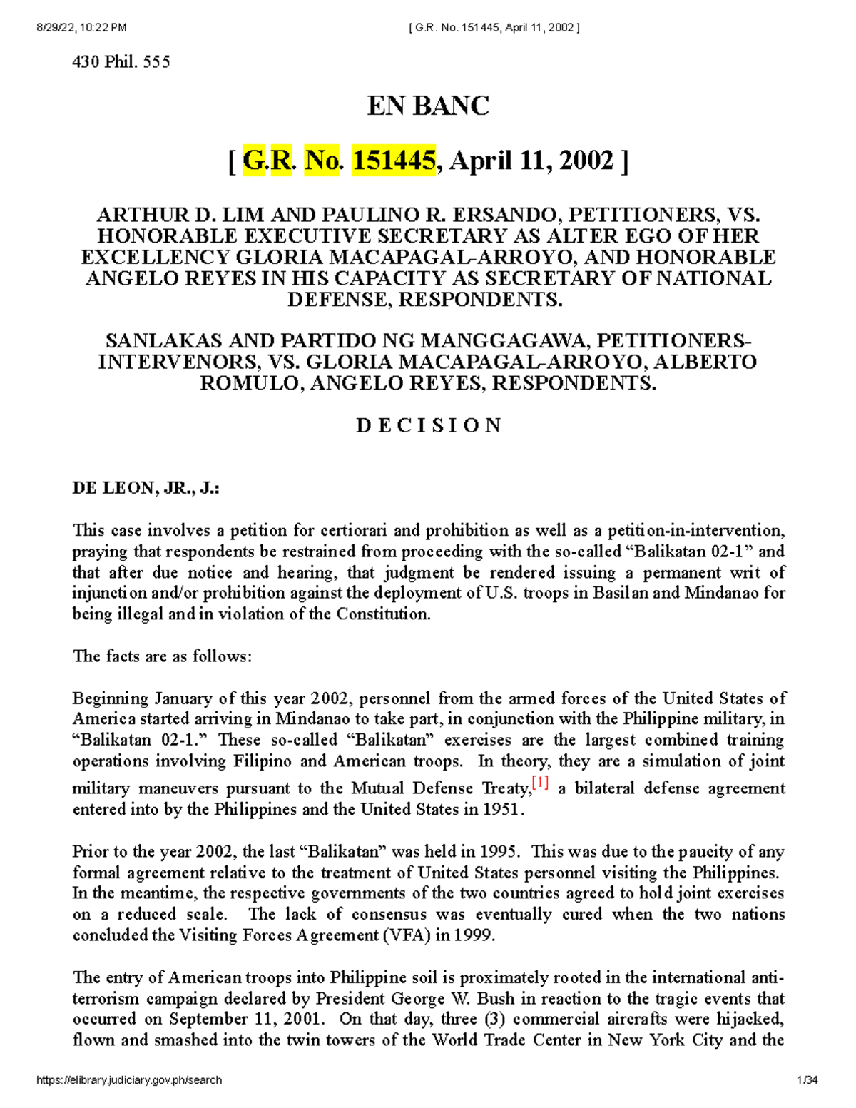 8. Arthur Lim, Et. Al. V. Executive Secretary, G.R. No. 151445, April ...