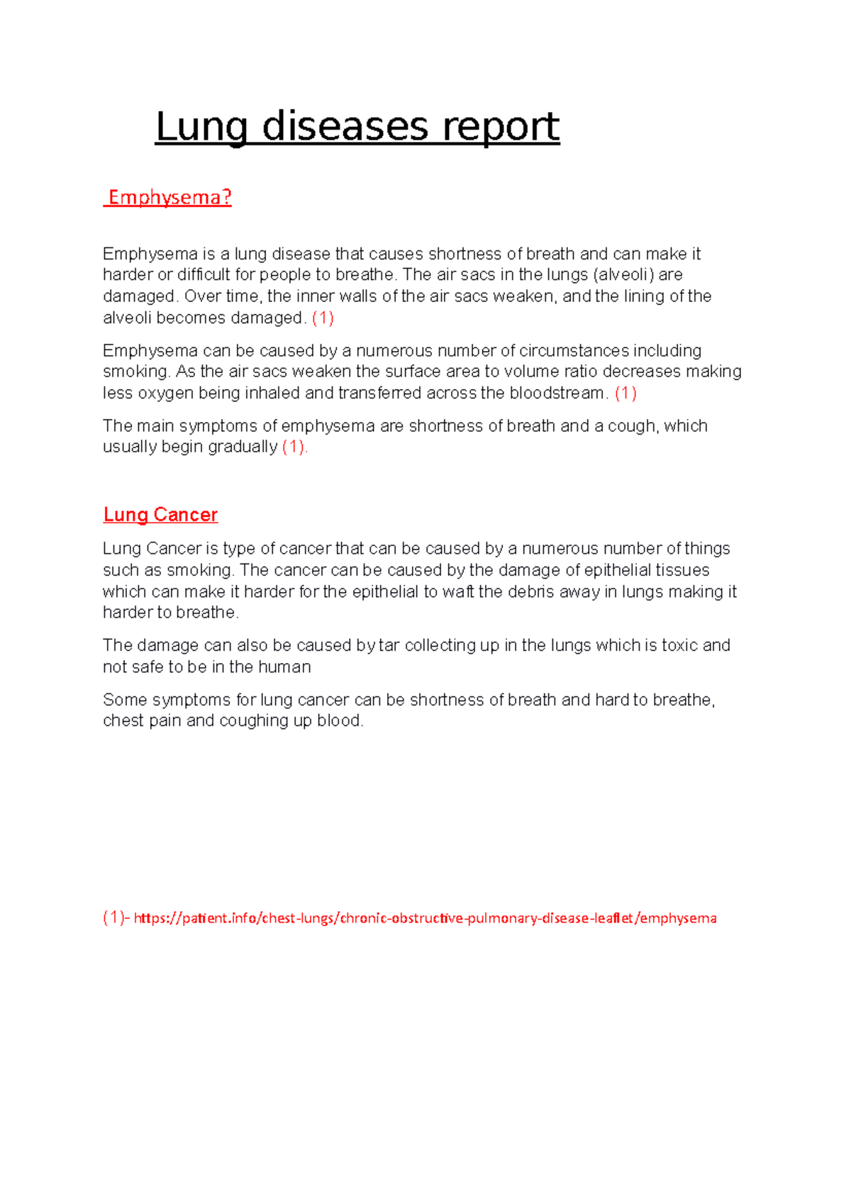 Rahimah Bio Hw - Level 3 Assignments - Lung Diseases Report Emphysema 