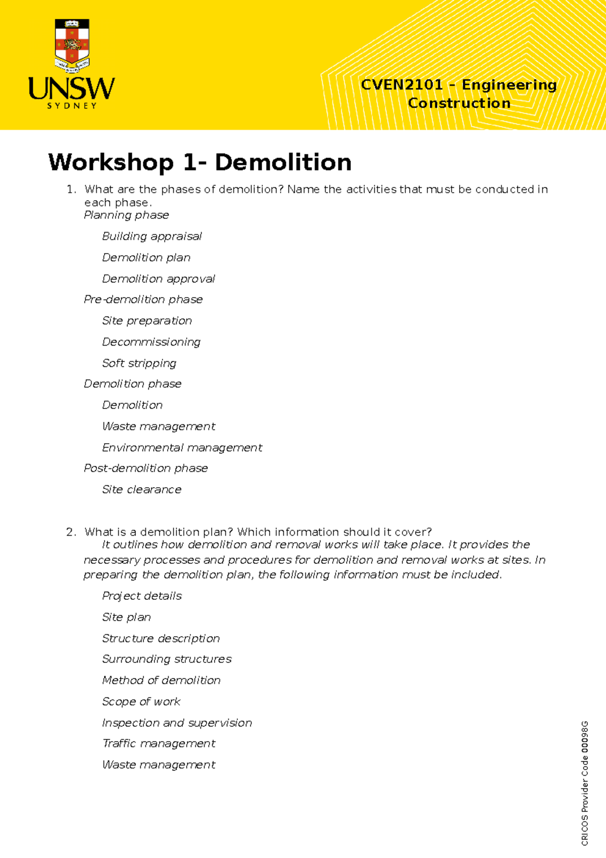 CVEN2101-Workshop 1 - Solutions - Workshop 1- Demolition What are the ...
