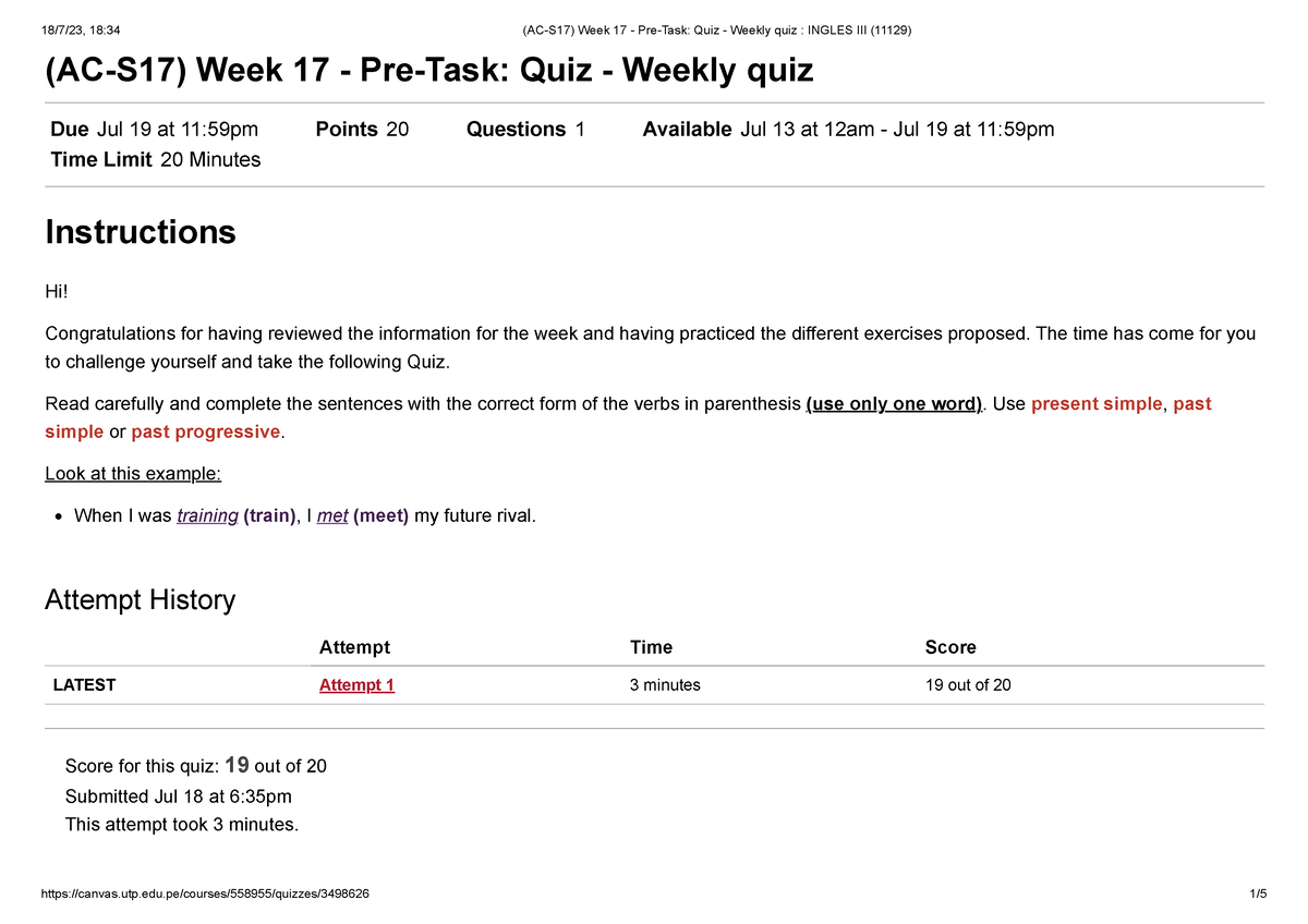 (AC-S17) Week 17 - Pre-Task Quiz - Weekly quiz Ingles III (11129) - UTP ...