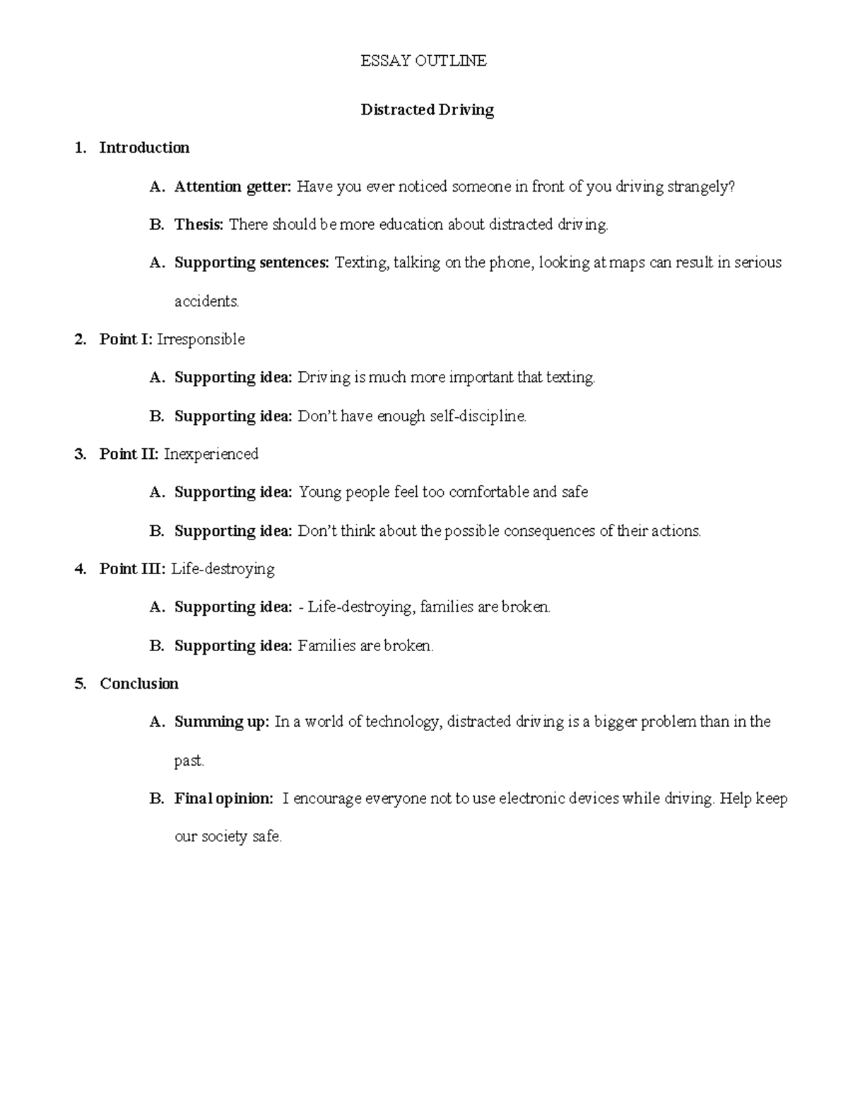 opinion essay outline distracted driving