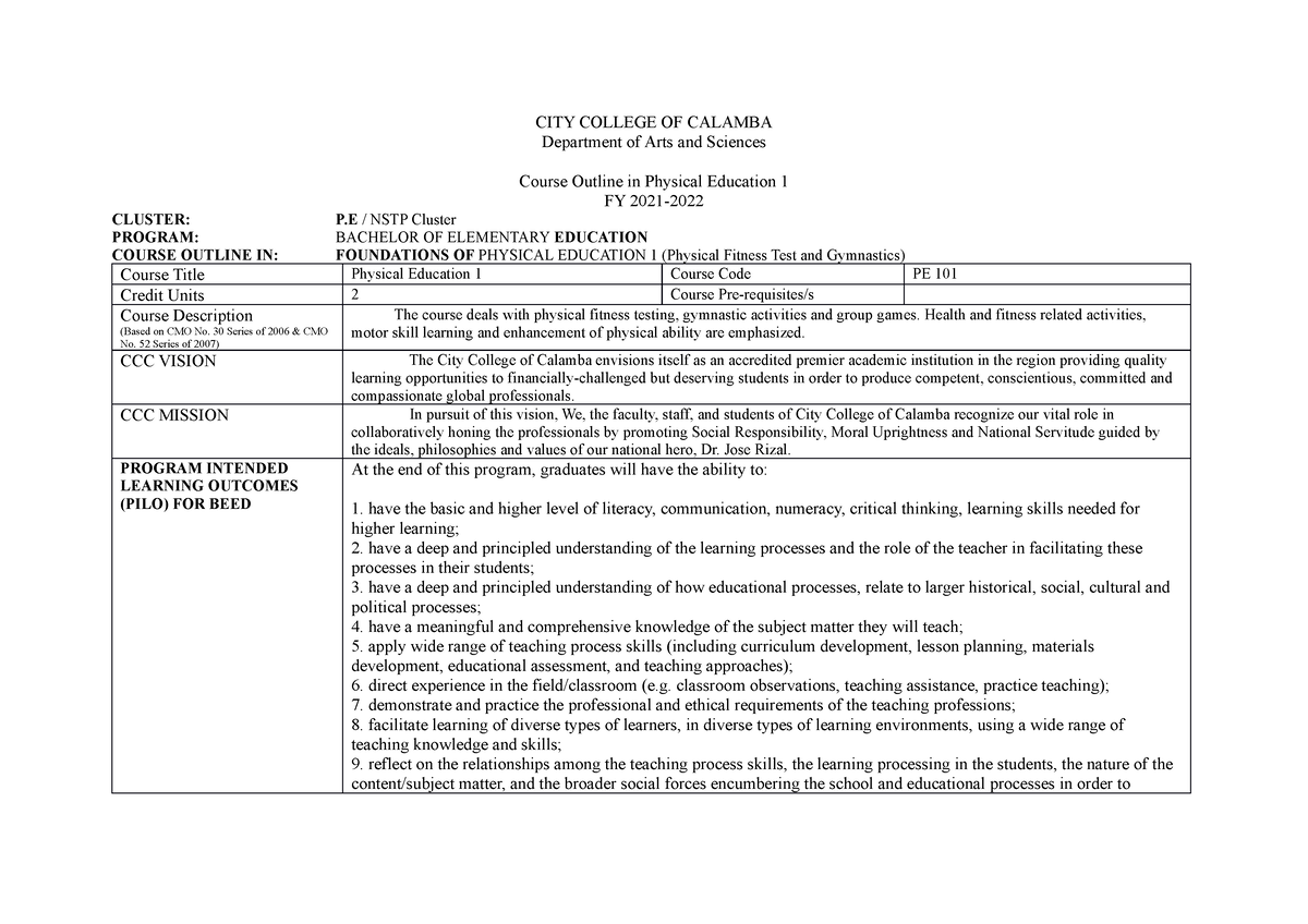 PE 1 Course Outline BEED - CITY COLLEGE OF CALAMBA Department of Arts ...