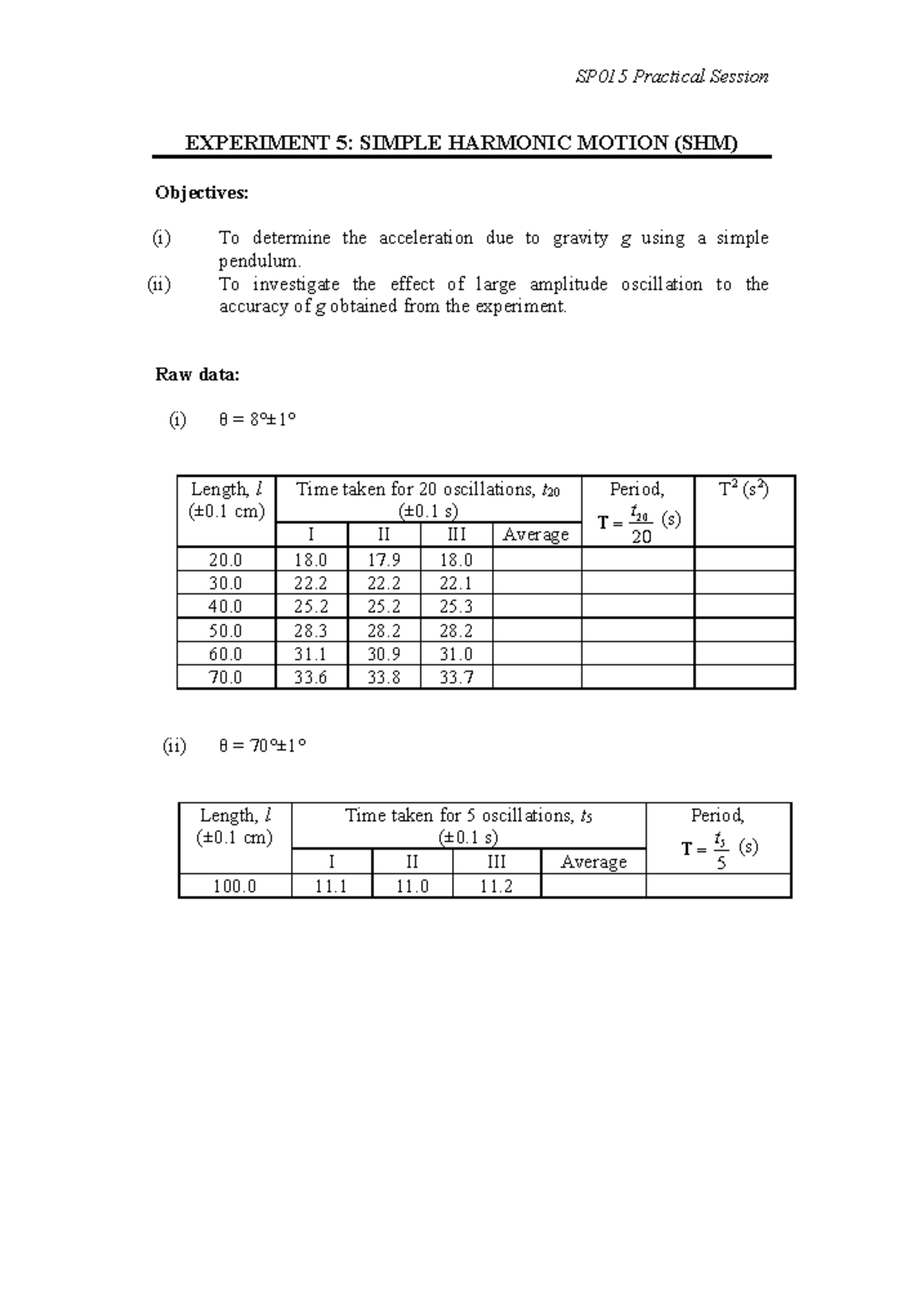 SP015 Exp 5 Simple Harmonic Motion SHM (Raw data) 2019 SP015 Practical Session EXPERIMENT 5