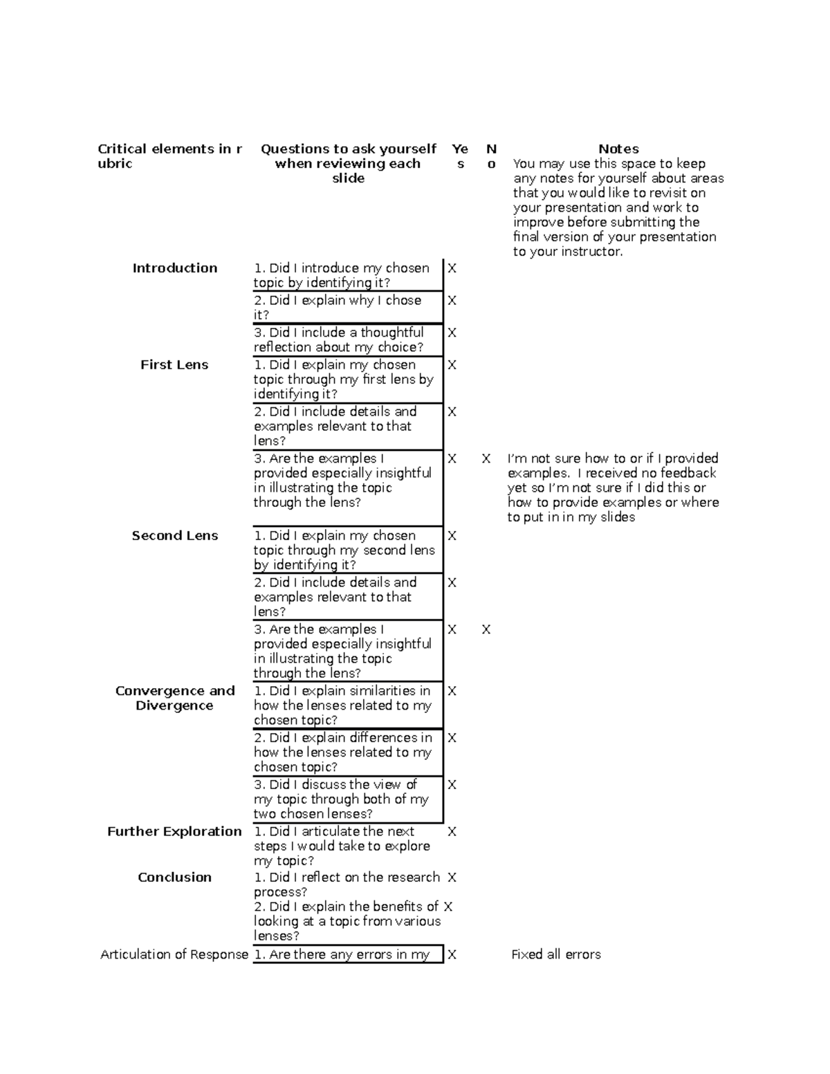 Checklist - ……. - Critical Elements In R Ubric Introduction First Lens ...