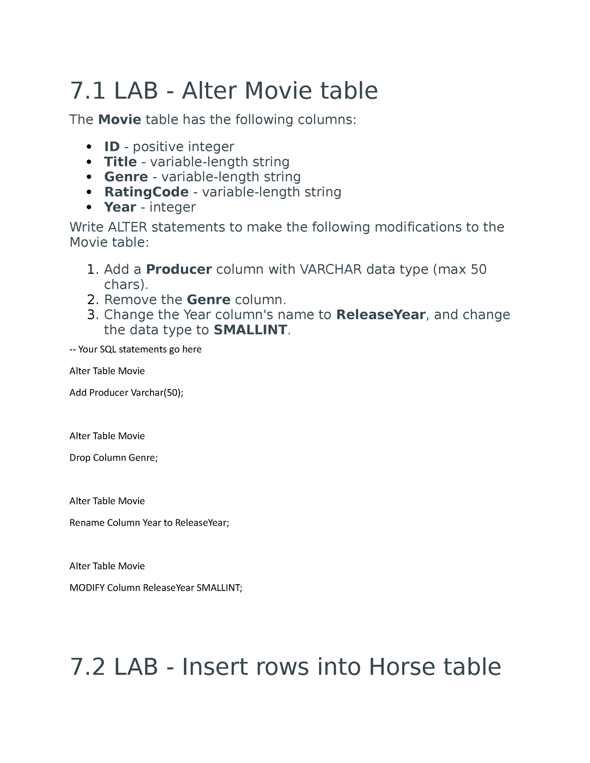 Zybook D427 Chapter 7 - Data Managment Apps - 7 LAB - Alter Movie table ...