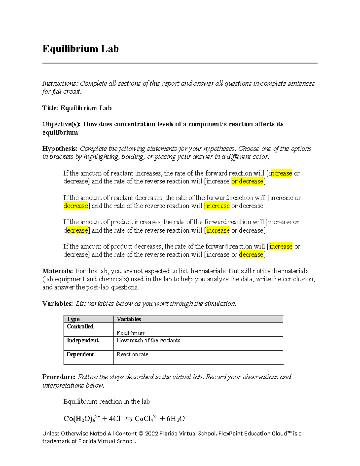 Lab report - here is some extra help - Equilibrium Lab Instructions ...