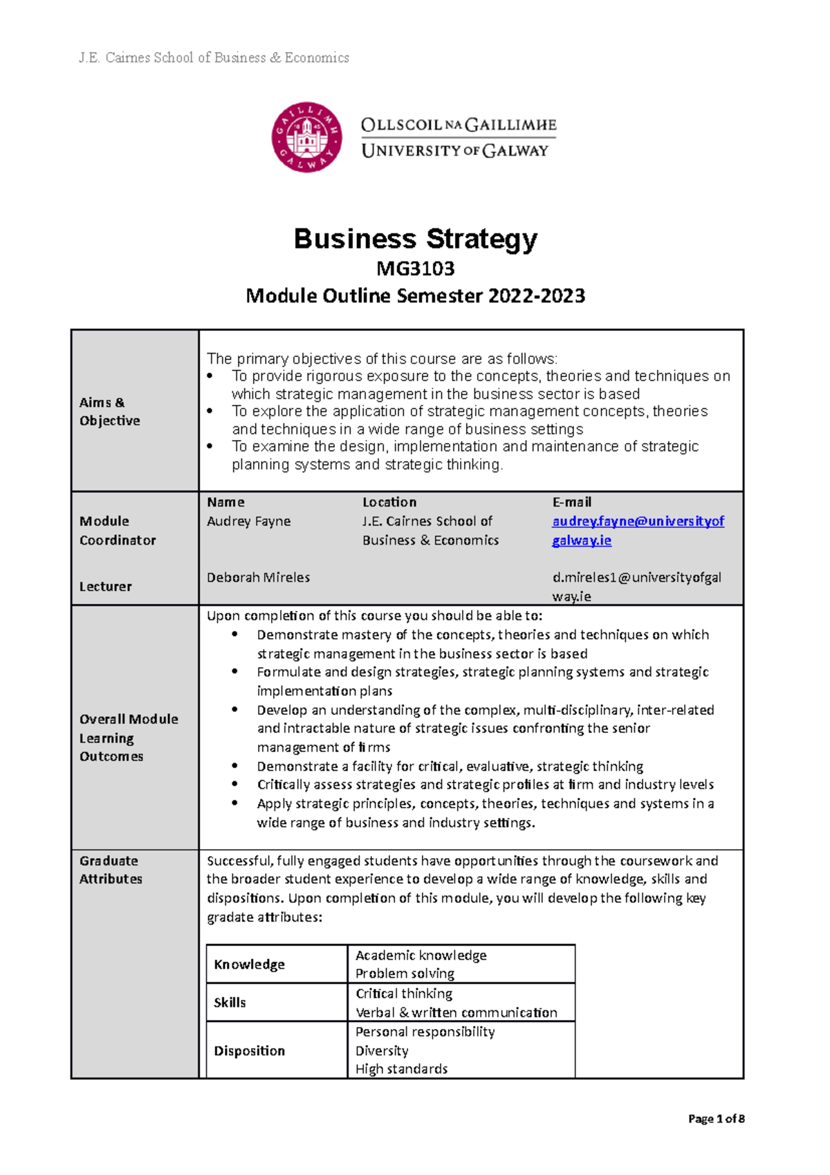 Outline Strategy - Business Strategy MG Module Outline Semester 2022 ...