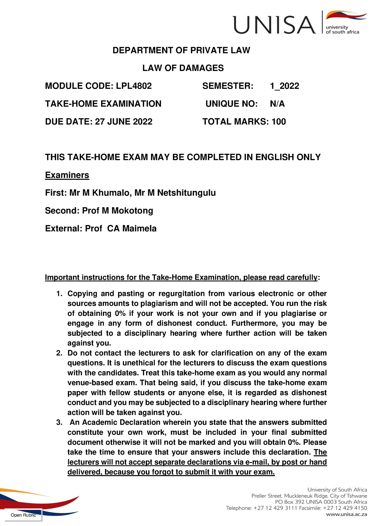 law of damages assignment 1 2022